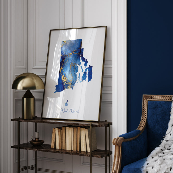 Rhode Island Map Blue and Gold Wall Art Print | US State | United States of America | USA