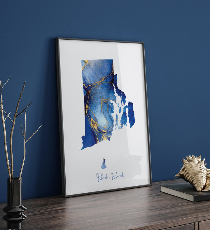 Rhode Island Map Blue and Gold Wall Art Print | US State | United States of America | USA