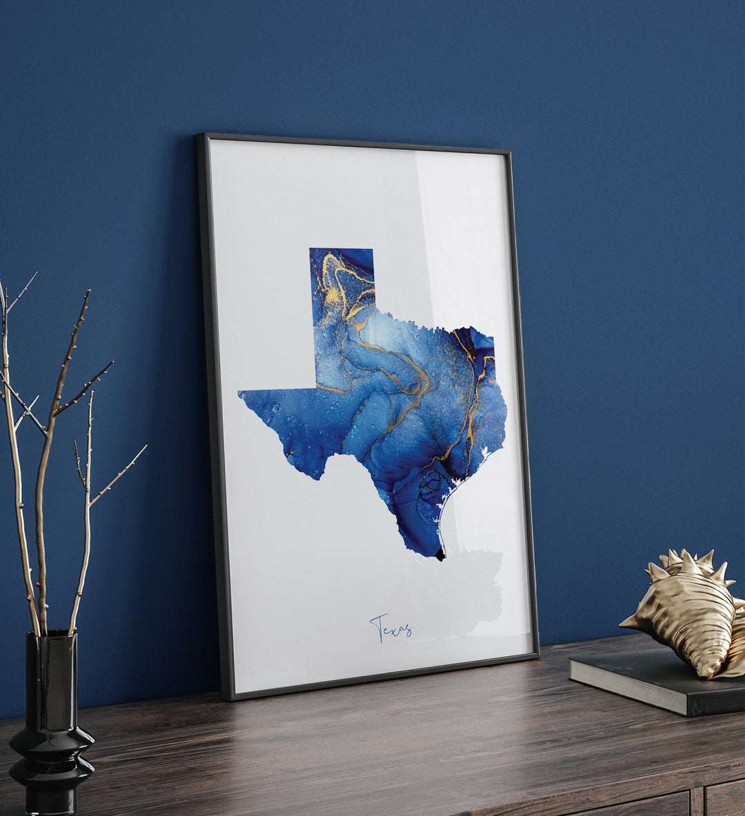 Texas Map Blue and Gold Wall Art Print | US State | United States of America | USA