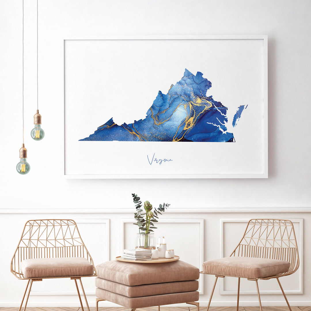Virginia Map Blue and Gold Wall Art Print | US State | United States of America | USA