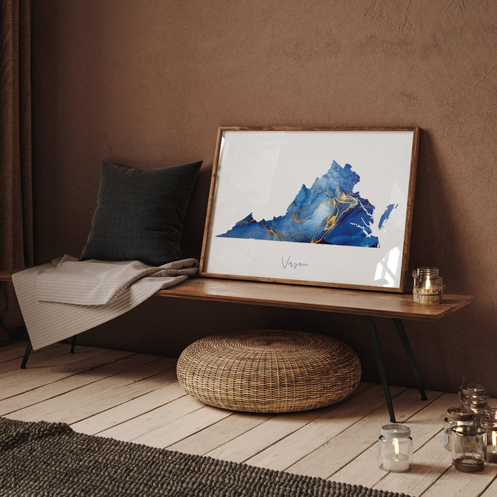 Virginia Map Blue and Gold Wall Art Print | US State | United States of America | USA