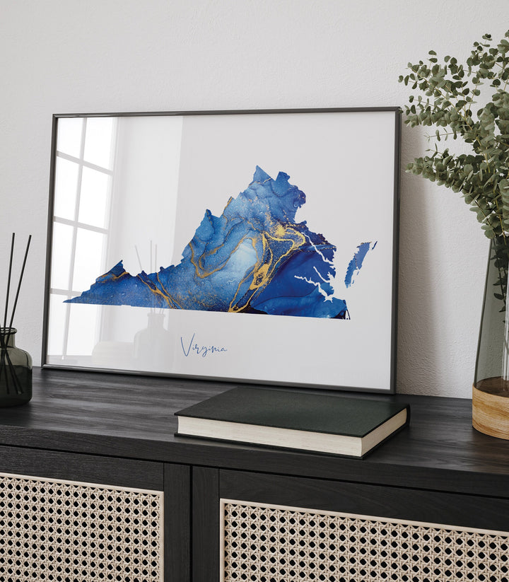 Virginia Map Blue and Gold Wall Art Print | US State | United States of America | USA