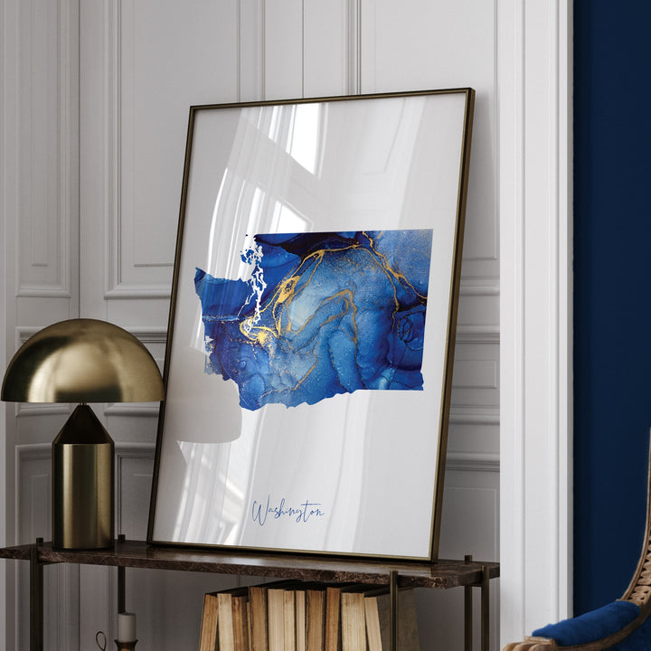Washington Map Blue and Gold Wall Art Print | US State | United States of America | USA