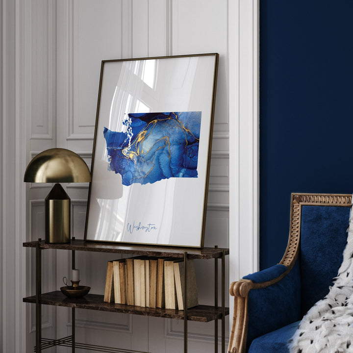 Washington Map Blue and Gold Wall Art Print | US State | United States of America | USA