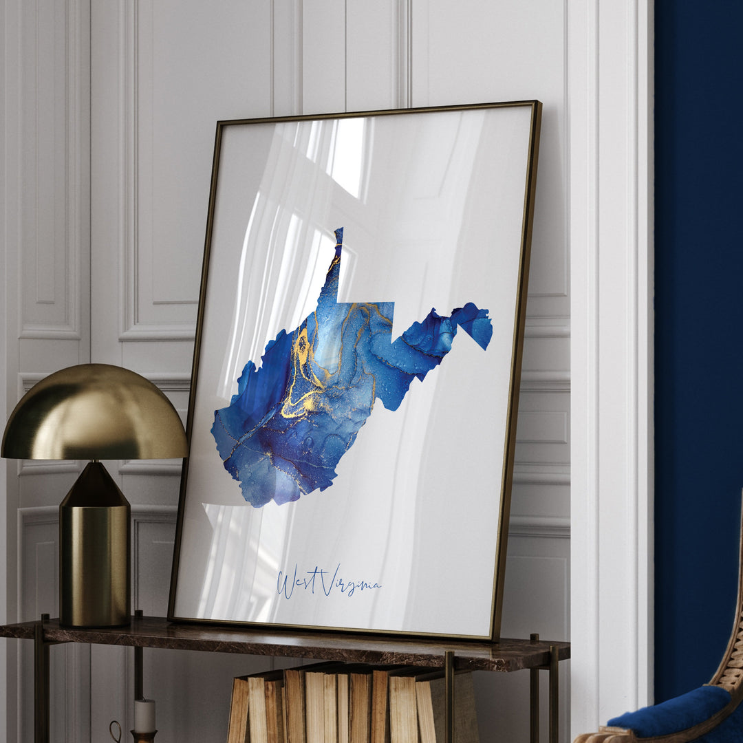 West Virginia Map Blue and Gold Wall Art Print | US State | United States of America | USA