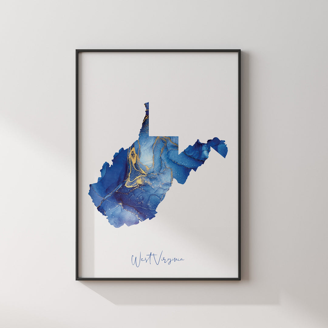 West Virginia Map Blue and Gold Wall Art Print | US State | United States of America | USA