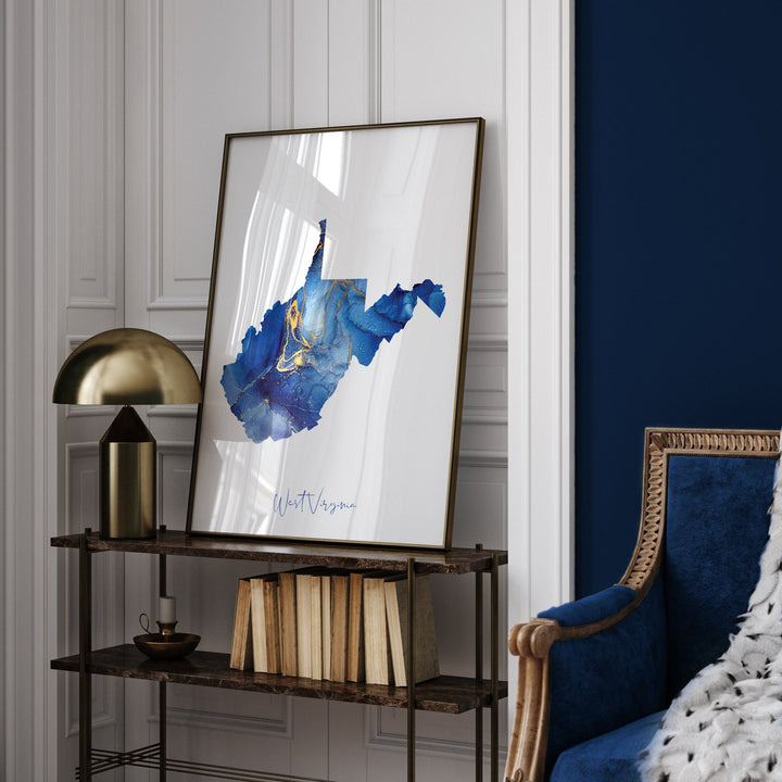 West Virginia Map Blue and Gold Wall Art Print | US State | United States of America | USA