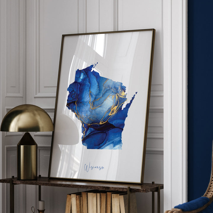 Wisconsin Map Blue and Gold Wall Art Print | US State | United States of America | USA
