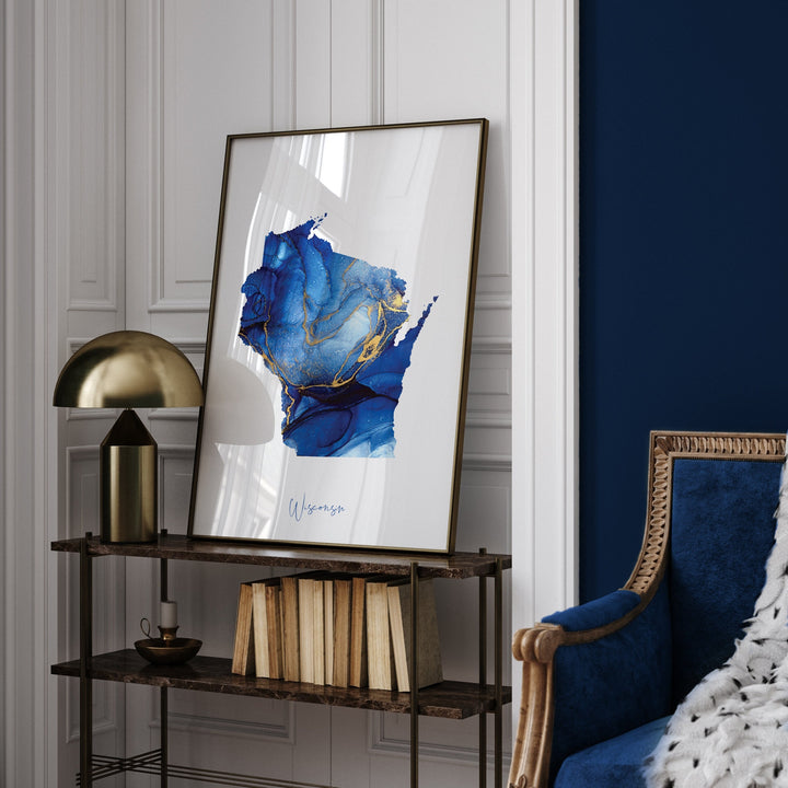 Wisconsin Map Blue and Gold Wall Art Print | US State | United States of America | USA