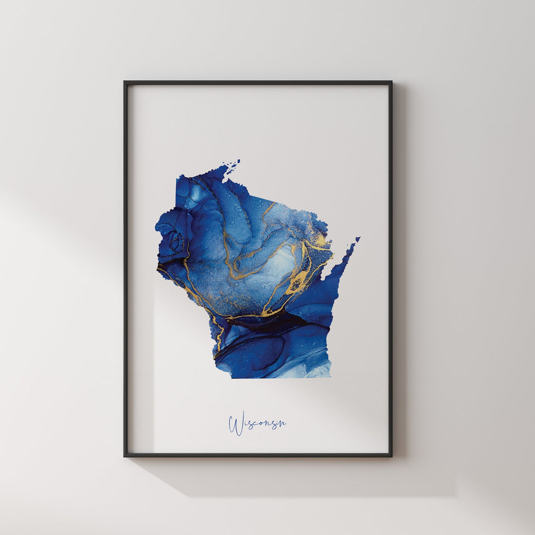 Wisconsin Map Blue and Gold Wall Art Print | US State | United States of America | USA