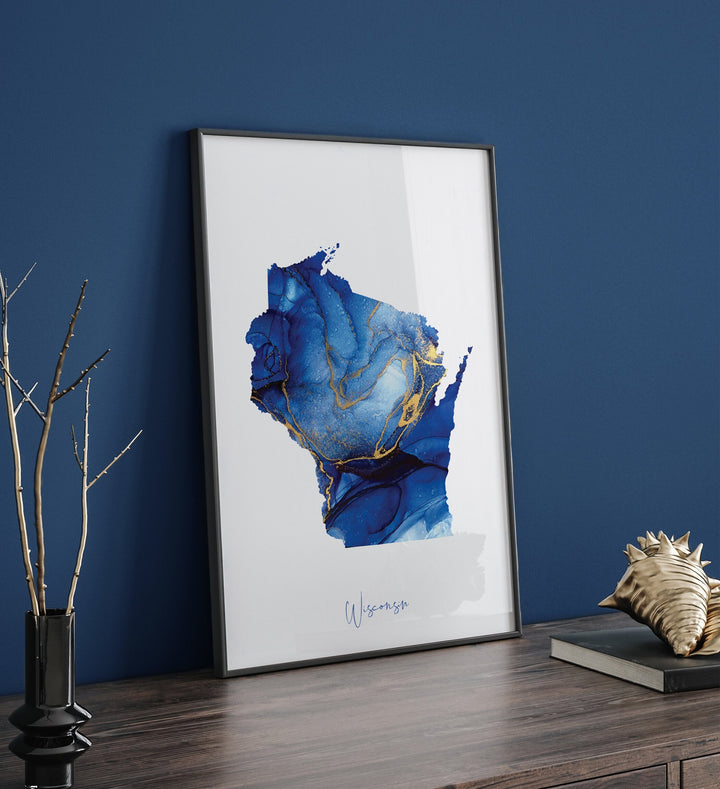 Wisconsin Map Blue and Gold Wall Art Print | US State | United States of America | USA