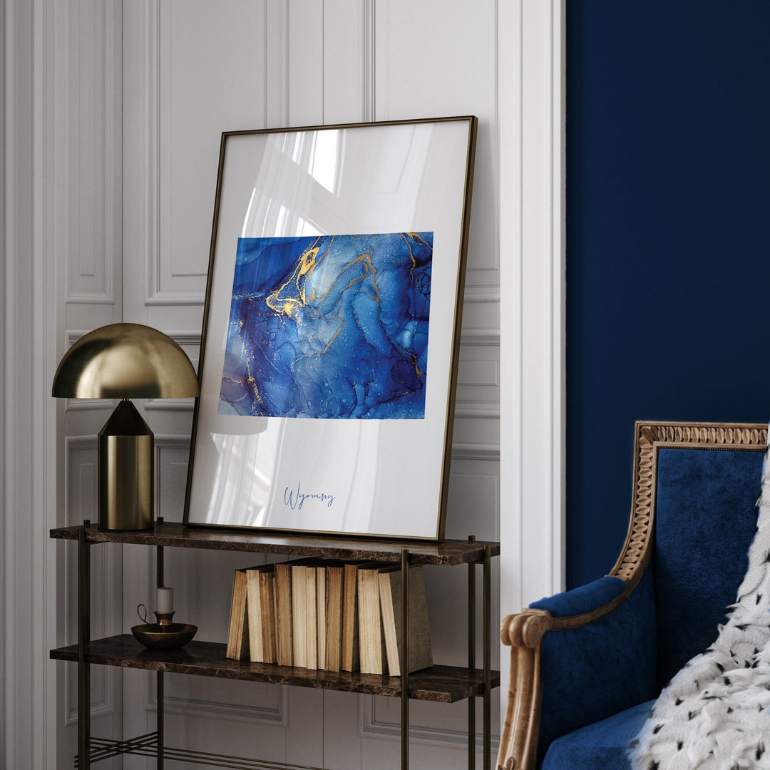 Wyoming Map Blue and Gold Wall Art Print | US State | United States of America | USA
