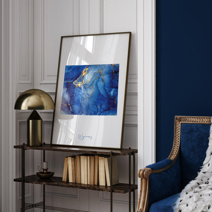 Wyoming Map Blue and Gold Wall Art Print | US State | United States of America | USA