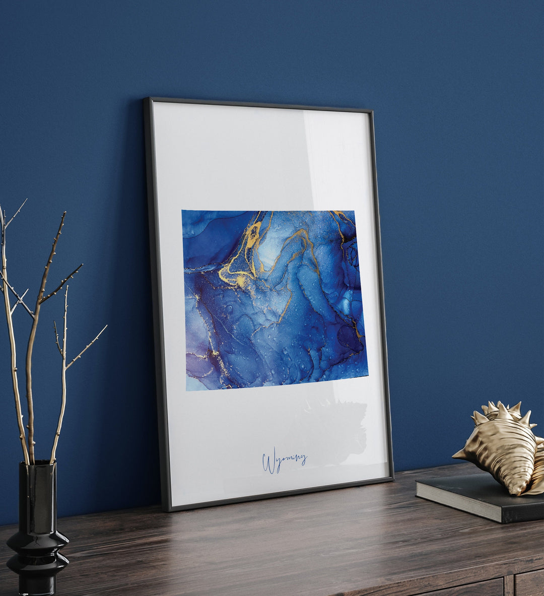 Wyoming Map Blue and Gold Wall Art Print | US State | United States of America | USA