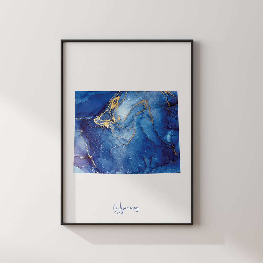 Wyoming Map Blue and Gold Wall Art Print | US State | United States of America | USA