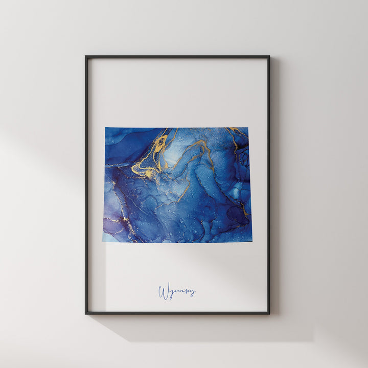 Wyoming Map Blue and Gold Wall Art Print | US State | United States of America | USA