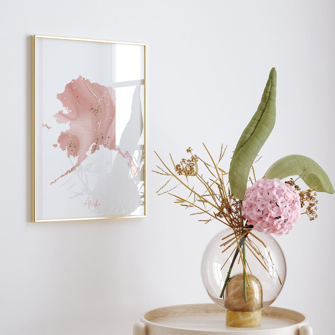 Alaska Map Pink and Gold Wall Art Print | USA | US State | United States of America