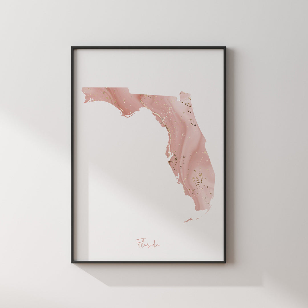 Florida Map Pink and Gold Wall Art Print | USA | US State | United States of America