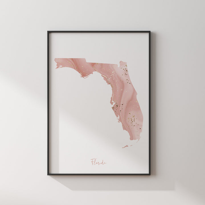 Florida Map Pink and Gold Wall Art Print | USA | US State | United States of America
