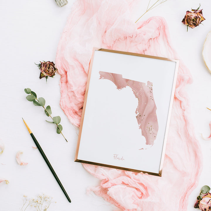 Florida Map Pink and Gold Wall Art Print | USA | US State | United States of America
