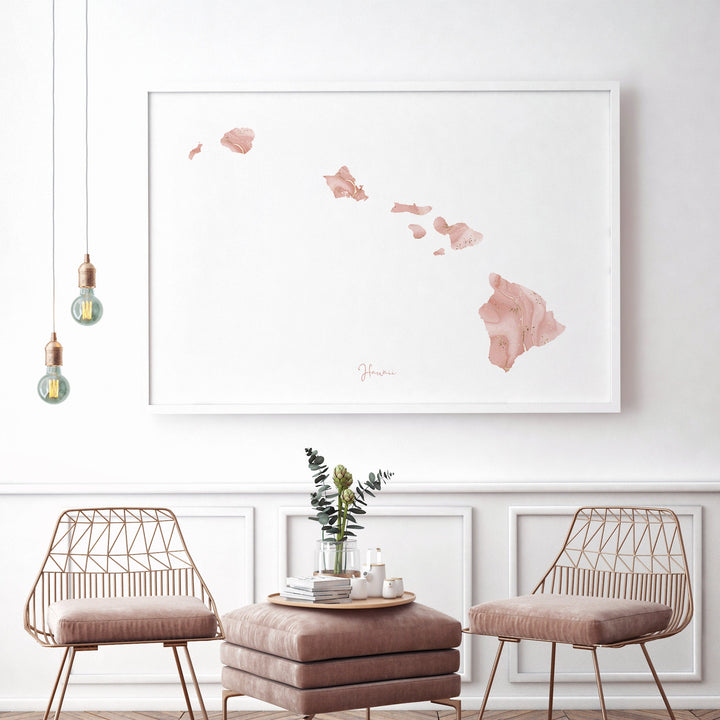 Hawaii Map Pink and Gold Wall Art Print | USA | US State | United States of America