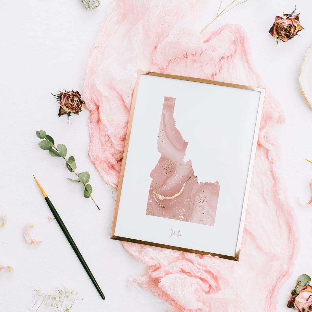 Idaho Map Pink and Gold Wall Art Print | USA | US State | United States of America