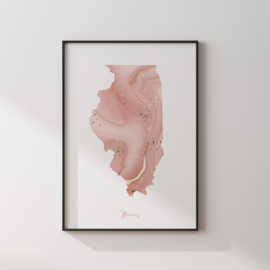 Illinois Map Pink and Gold Wall Art Print | USA | US State | United States of America