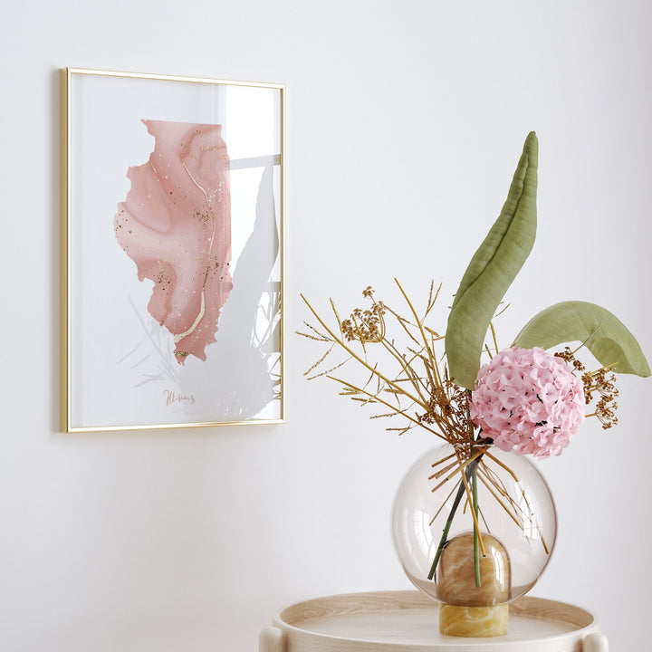 Illinois Map Pink and Gold Wall Art Print | USA | US State | United States of America
