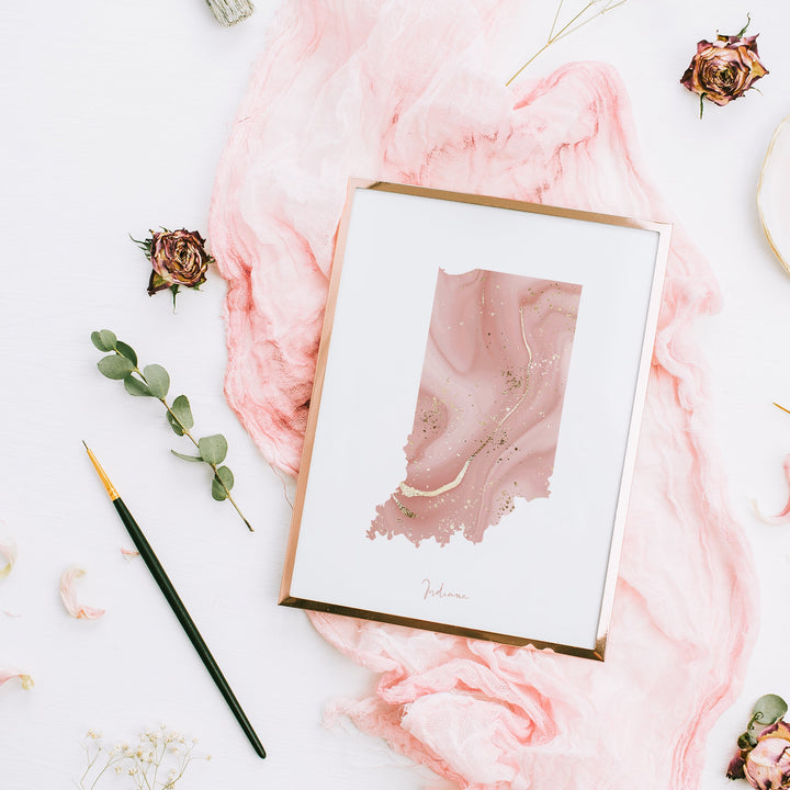 Indiana Map Pink and Gold Wall Art Print | USA | US State | United States of America