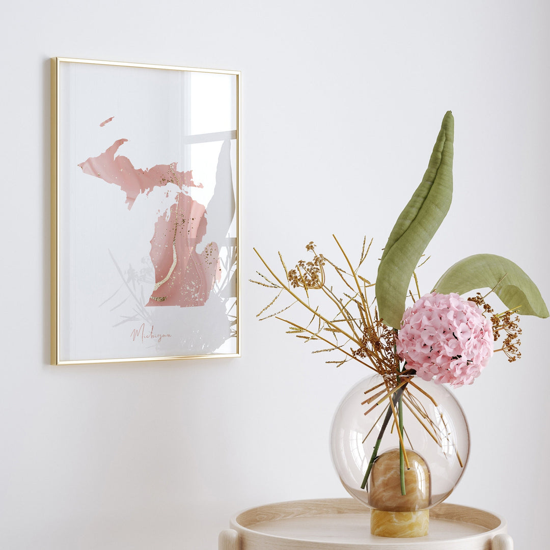 Michigan Map Pink and Gold Wall Art Print | USA | US State | United States of America