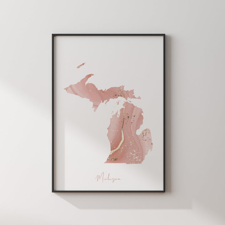 Michigan Map Pink and Gold Wall Art Print | USA | US State | United States of America