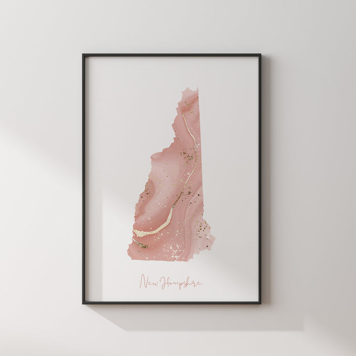 New Hampshire Map Pink and Gold Wall Art Print | USA | US State | United States of America