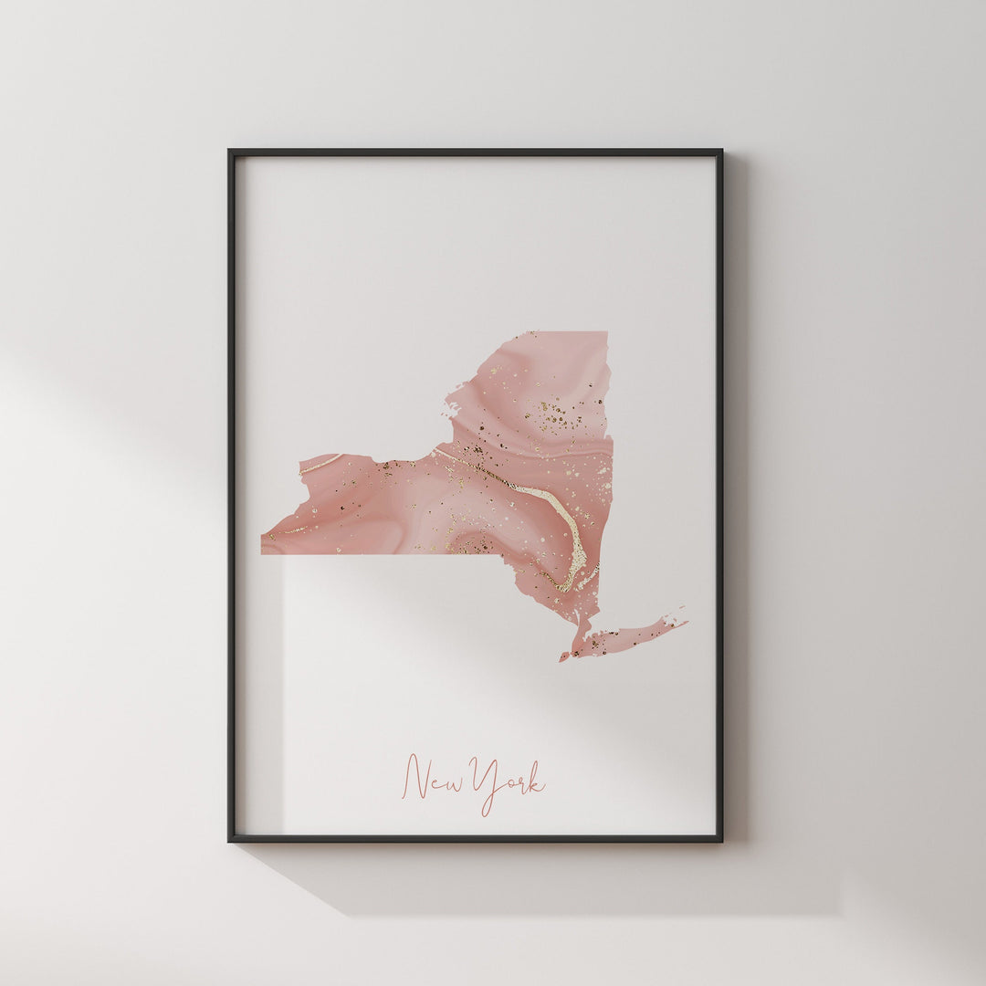 New York Map Pink and Gold Wall Art Print | USA | US State | United States of America