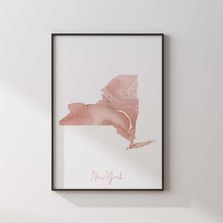 New York Map Pink and Gold Wall Art Print | USA | US State | United States of America