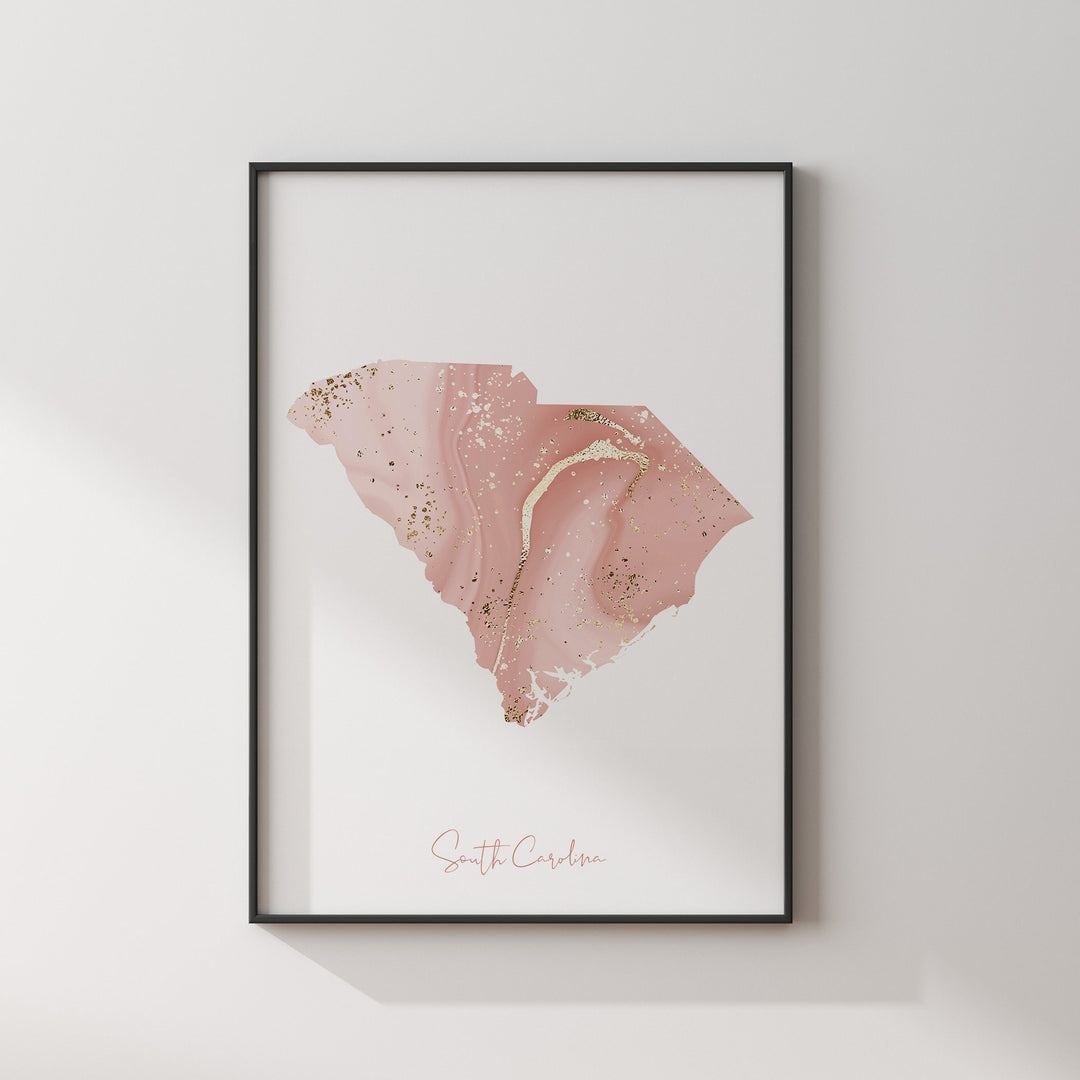 South Carolina Map Pink and Gold Wall Art Print | USA | US State | United States of America
