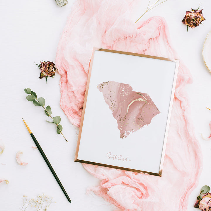 South Carolina Map Pink and Gold Wall Art Print | USA | US State | United States of America