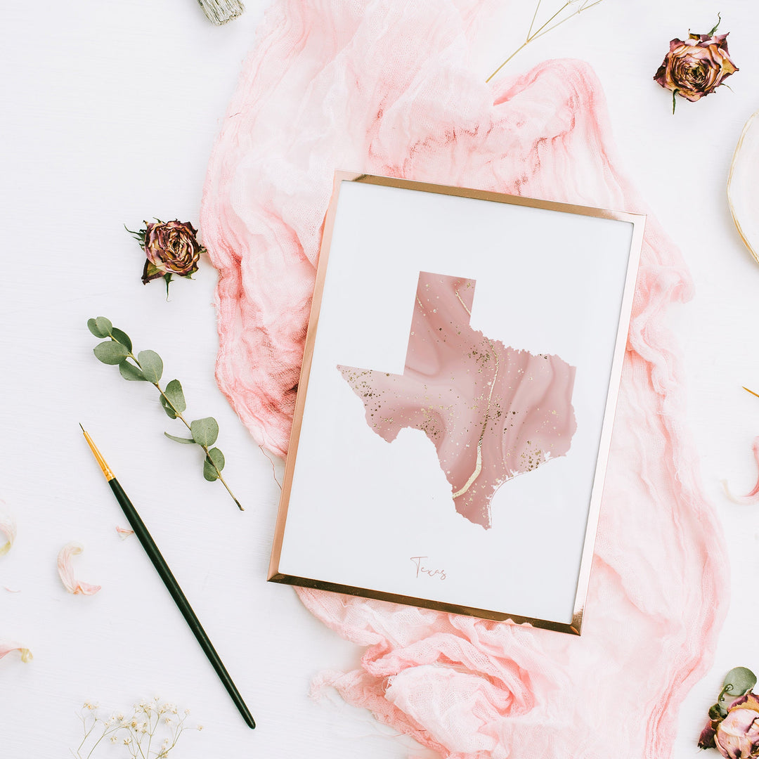 Texas Map Pink and Gold Wall Art Print | USA | US State | United States of America