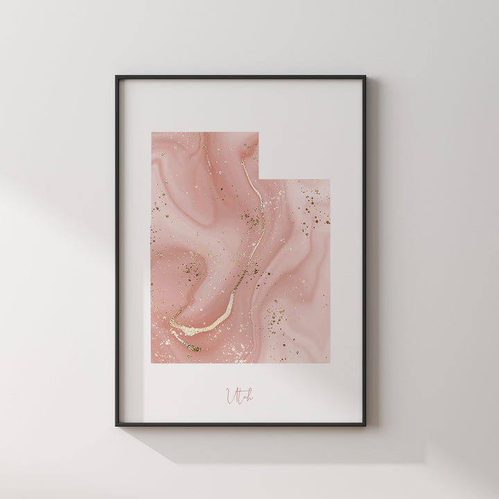 Utah Map Pink and Gold Wall Art Print | USA | US State | United States of America