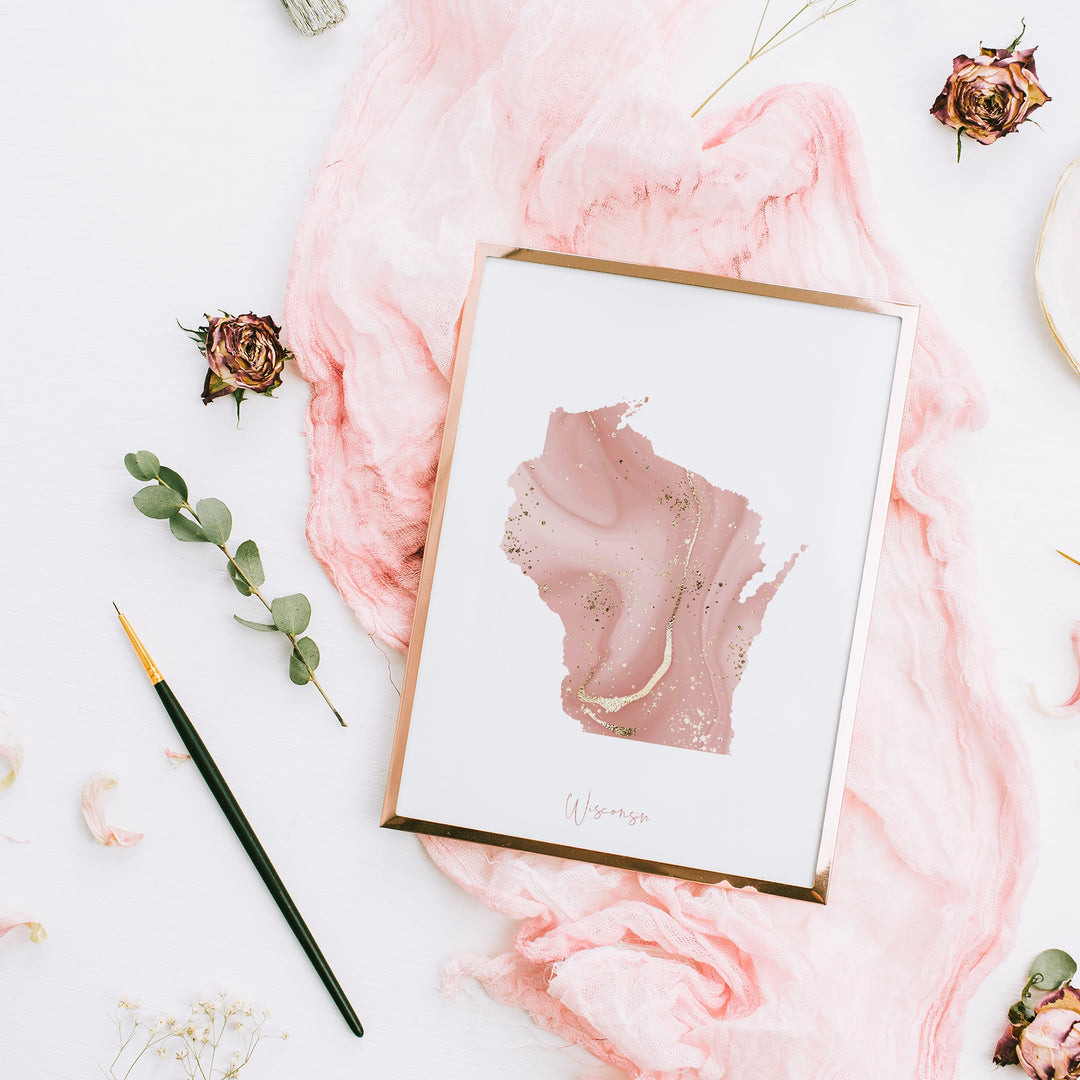 Wisconsin Map Pink and Gold Wall Art Print | USA | US State | United States of America