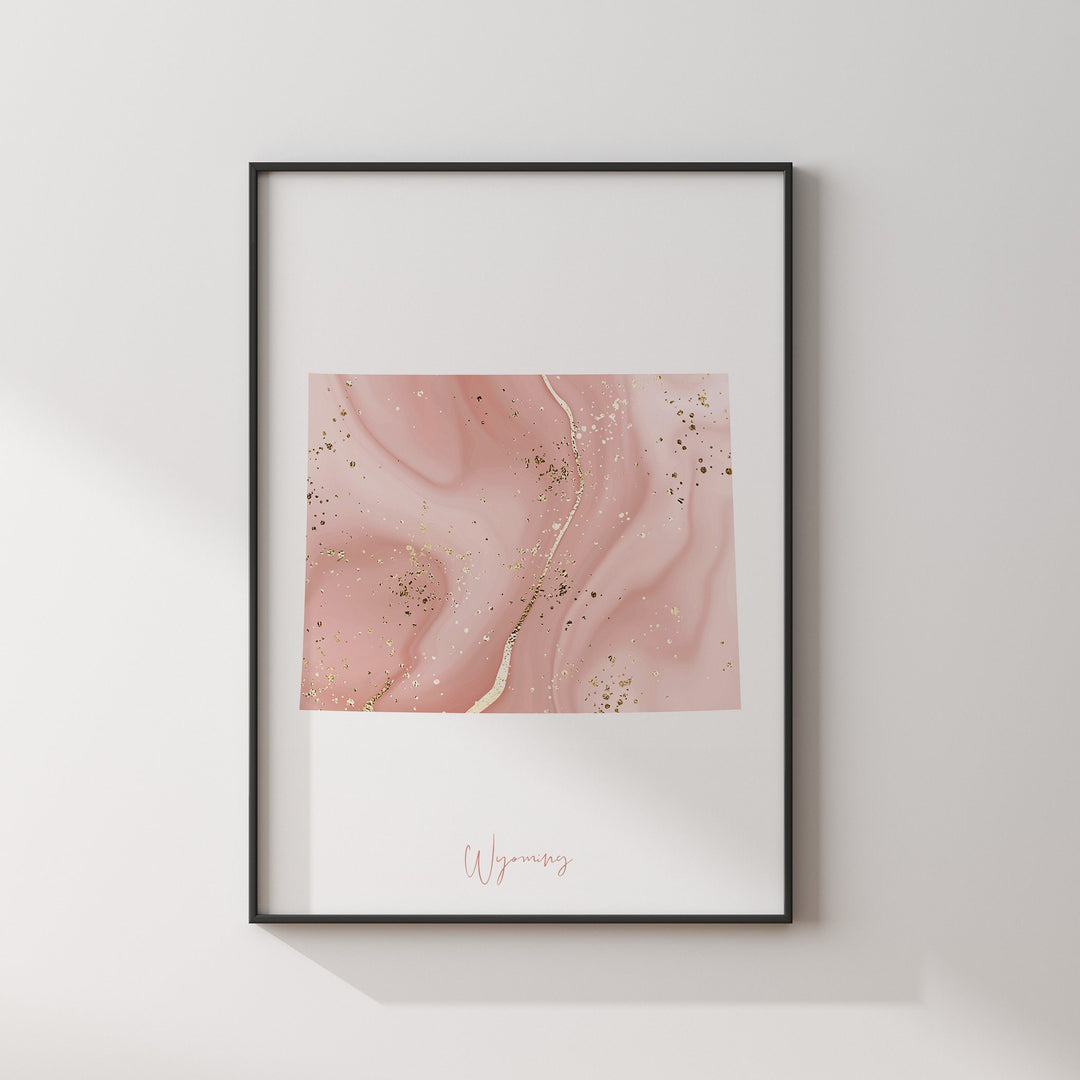Wyoming Map Pink and Gold Wall Art Print | USA | US State | United States of America
