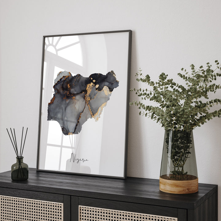 Nigeria Map Black & Gold Wall Art Print [EV]