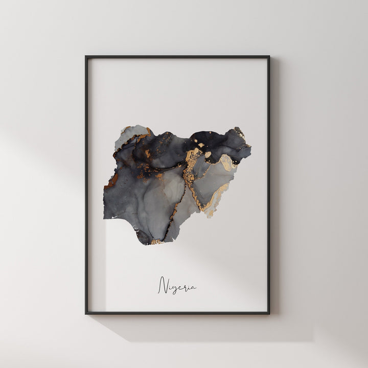 Nigeria Map Black & Gold Wall Art Print [EV]