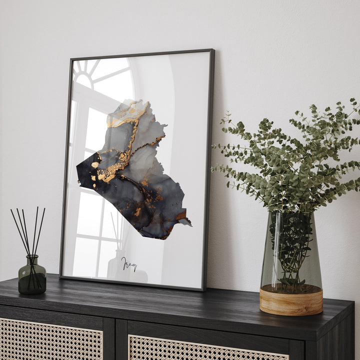 Iraq Map Black & Gold Wall Art Print [EV]