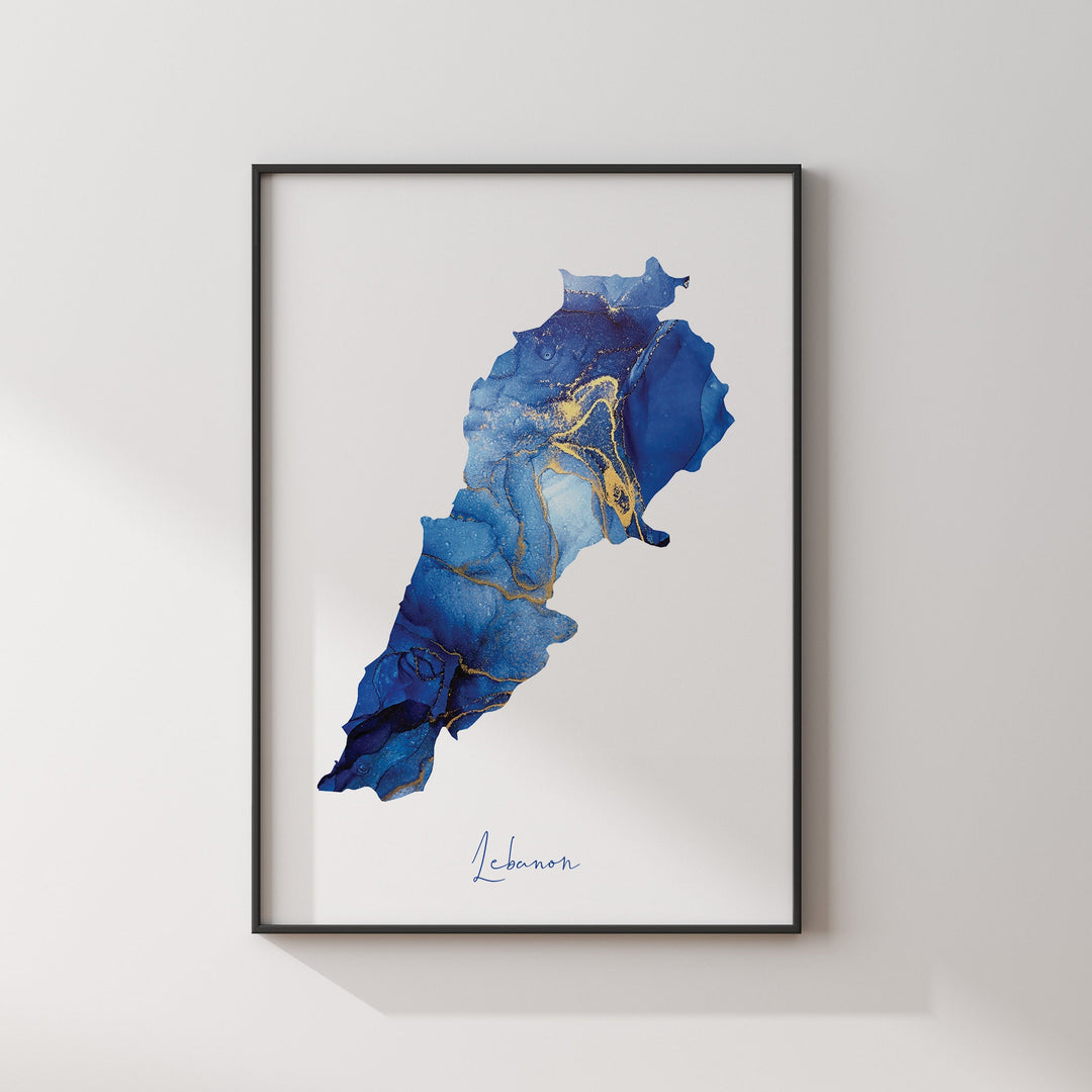 Lebanon Map Blue and Gold Wall Art Print
