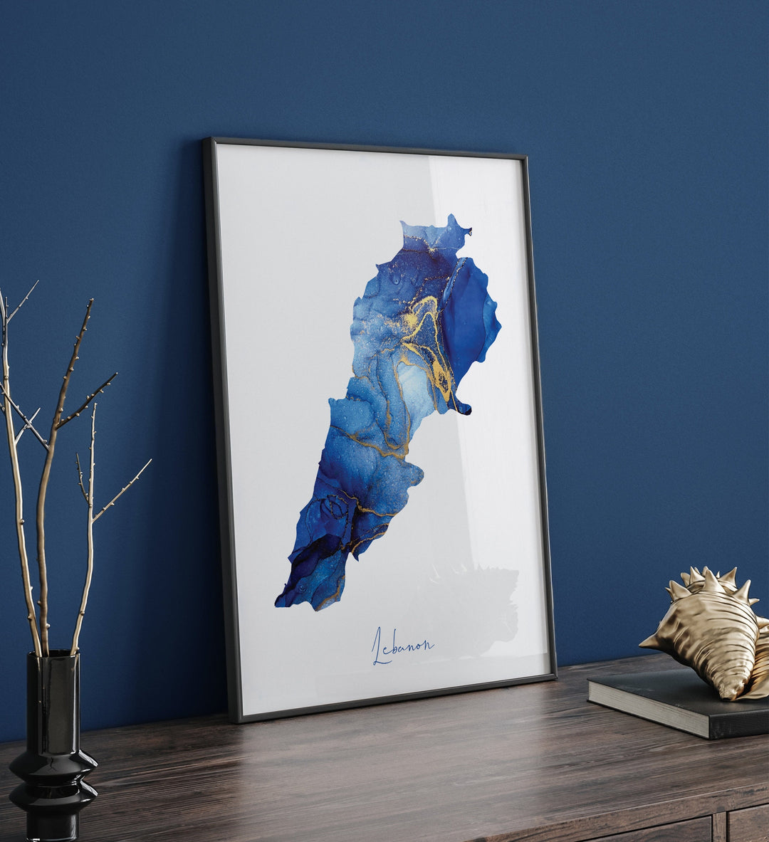 Lebanon Map Blue and Gold Wall Art Print