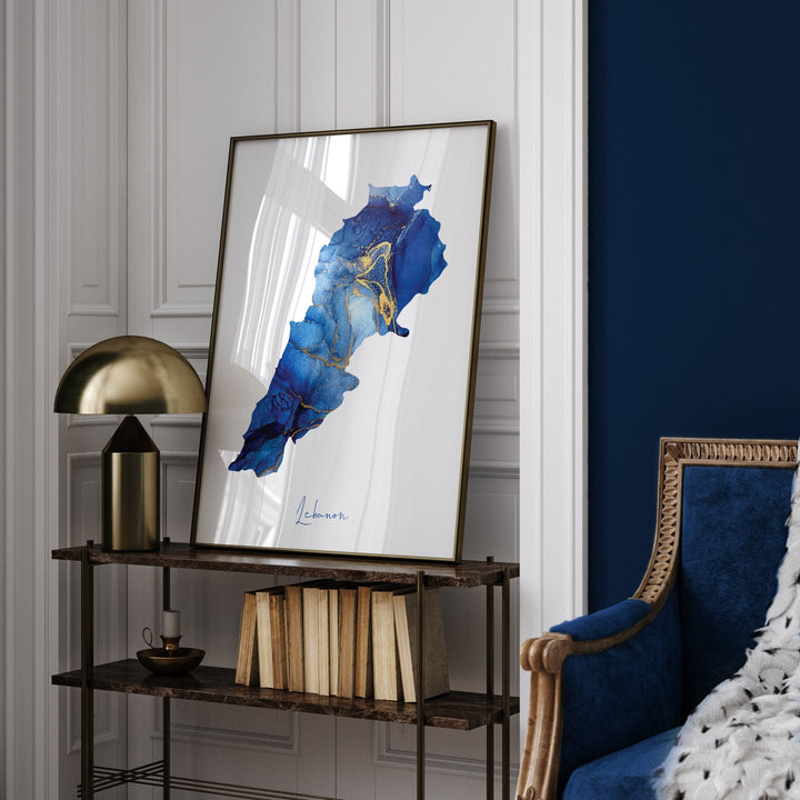 Lebanon Map Blue and Gold Wall Art Print
