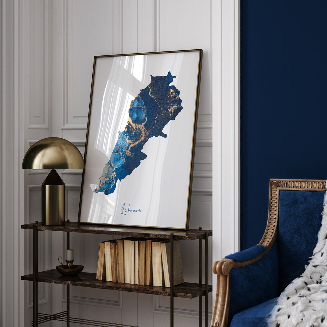 Lebanon Map Blue and Gold Wall Art Print