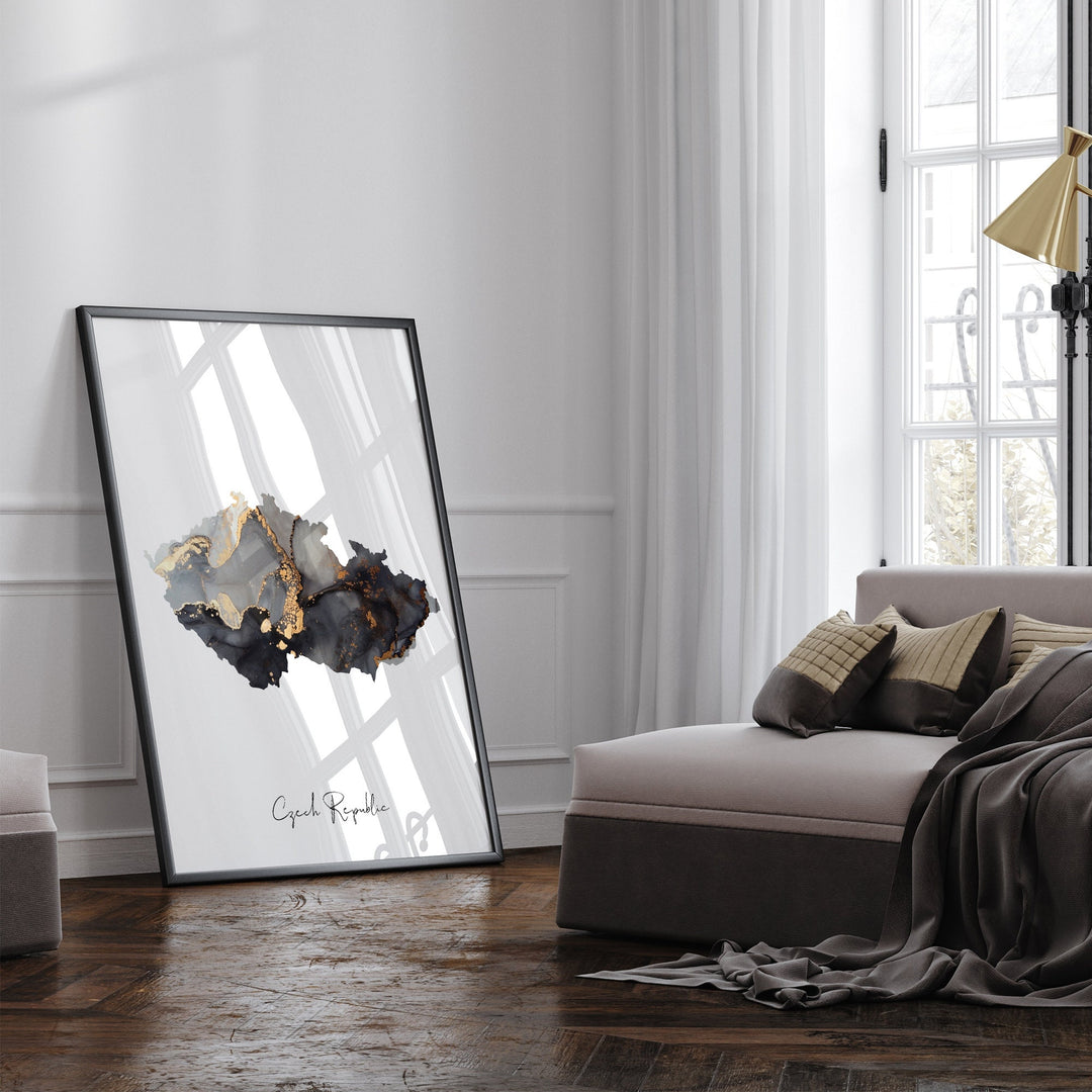 Czech Republic Map Black & Gold Wall Art Print [EV]