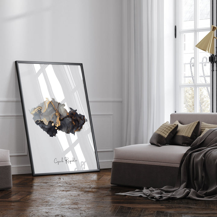 Czech Republic Map Black & Gold Wall Art Print [EV]