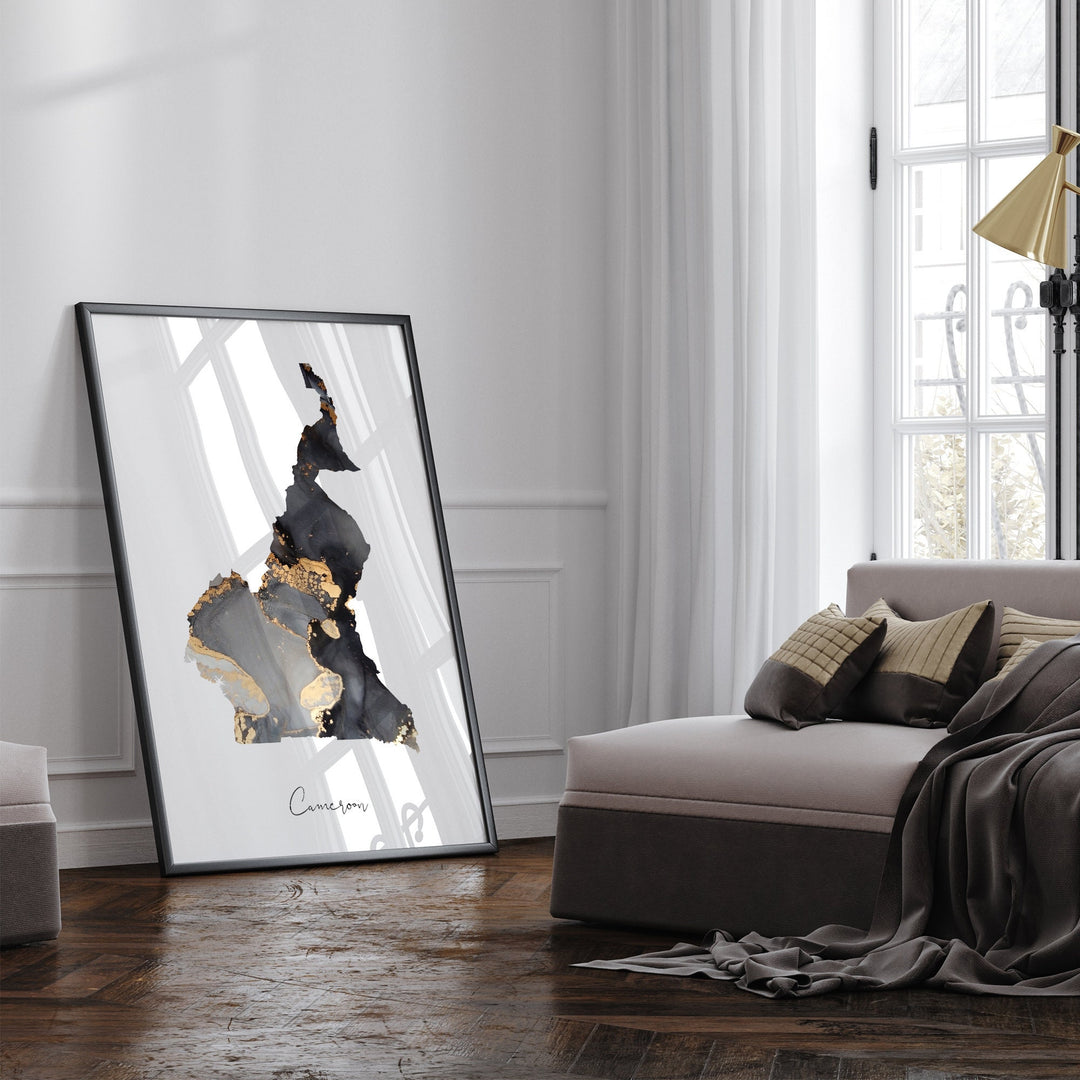 Cameroon Map Black & Gold Wall Art Print [EV]
